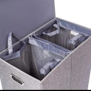 Double Laundry Hamper with Removable Lid and Two Removable Mesh Bags with Sturdy Construction in Elegant Gray Linen