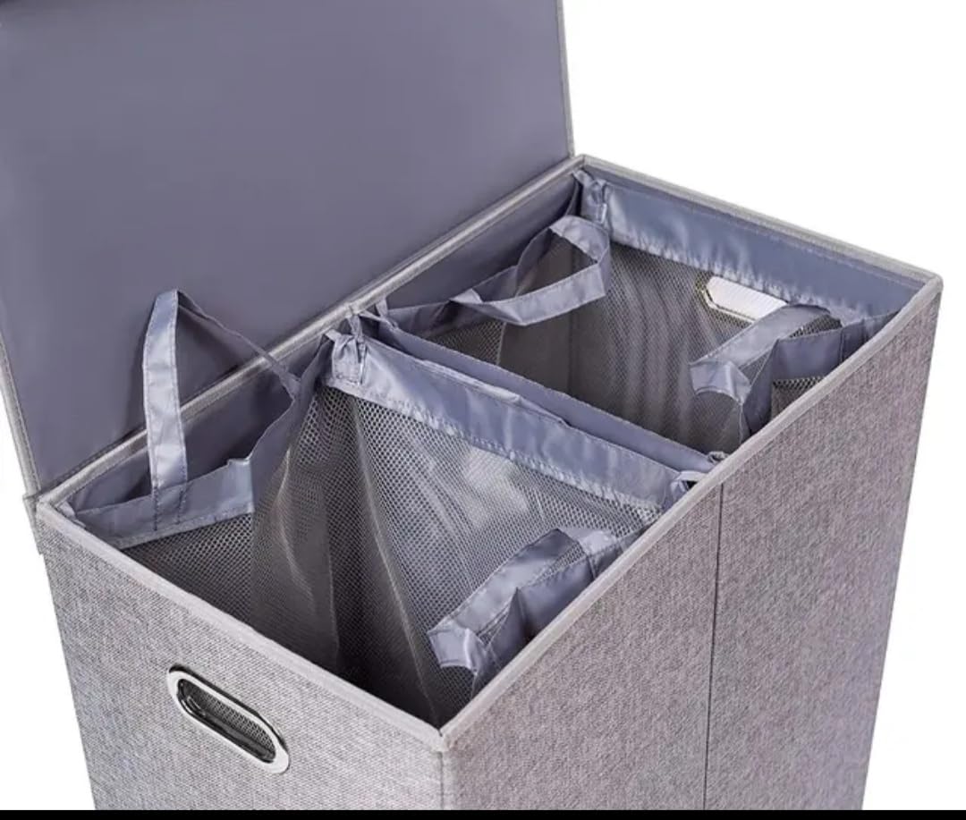 Double Laundry Hamper with Removable Lid and Two Removable Mesh Bags with Sturdy Construction in Elegant Gray Linen