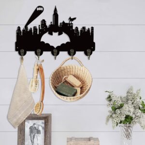 SANDIKSHA Bat City Key Hooks, Super Hero Wall Mounted Storage with 6 Hooks, Movie Theme Key Holder, Black Retro Wooden Wall Decor for Entryway/Bedroom/Living Room/Office/Children's Room