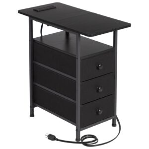 amhancible narrow side table with charging station, slim end table with usb ports and outlets, nightstand with 3 fabric drawers for bedroom, living room, small space, black, hetn013bk-1