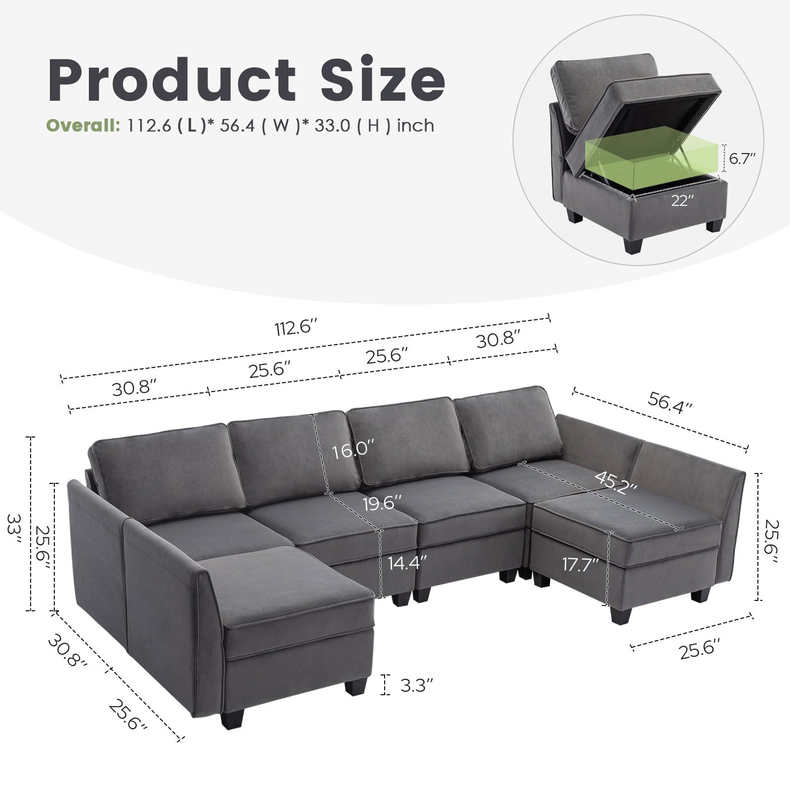 DIFY Modular Sectional Sofa Couch with Storage Seat, Oversized U-Shaped Reversible Couch for Living Room, Apartment and Office, 6 Seat Sofa with 8 Armrests, Convertible Chaise Sofa, Velvet Grey.