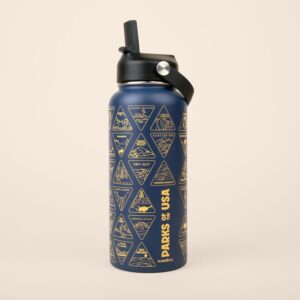 Wondery Original National Parks of the USA Bucket List Travel Water Bottle with Waterproof Stickers and Straw | Ocean 32 oz Screen Printed | Insulated Stainless Steel Vacuum Sealed | Leak Proof