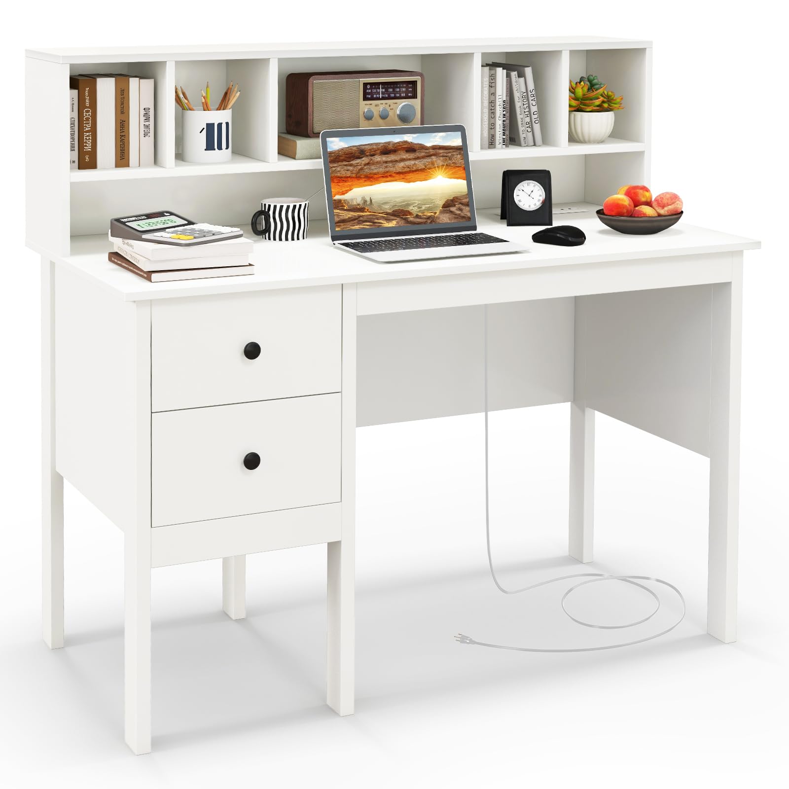 GLOBALWAY48” Computer Desk, Study Writing Desk with 5-Cube Hutch, 2 Drawers & Charging Station, Home Office Workstation for Living Room, Study & Bedroom, White