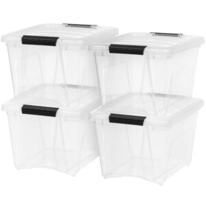 iris usa 19 qt stackable plastic storage bins with lids, 4 pack - bpa-free, made in usa - see-through organizing solution, latches, durable nestable containers, secure pull handle - clear