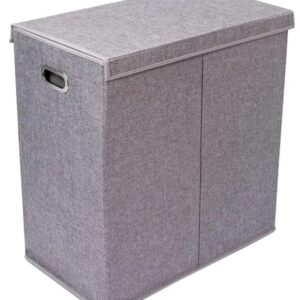 Double Laundry Hamper with Removable Lid and Two Removable Mesh Bags with Sturdy Construction in Elegant Gray Linen