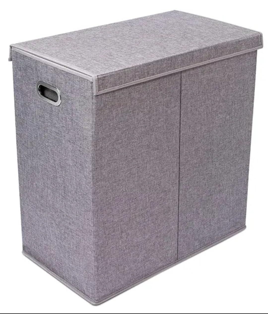 Double Laundry Hamper with Removable Lid and Two Removable Mesh Bags with Sturdy Construction in Elegant Gray Linen