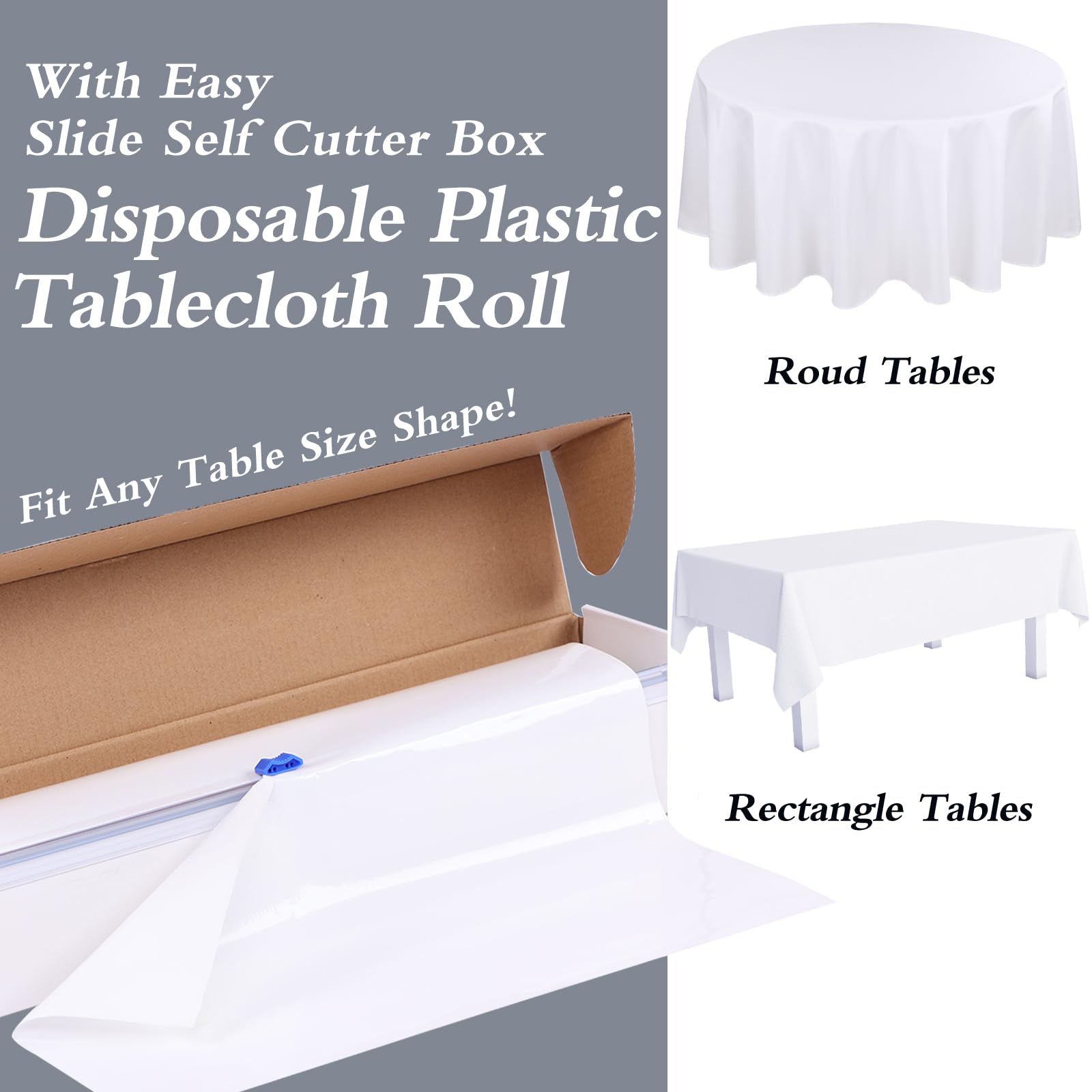 Kesfey White Plastic Tablecloth Roll 54 inch X 120ft White Premium Disposable Plastic Table Cloth Roll with Easy Slide Self Cutter Box- Cut to Any Size Disposable Tablecloth for Picnic Birthday Party