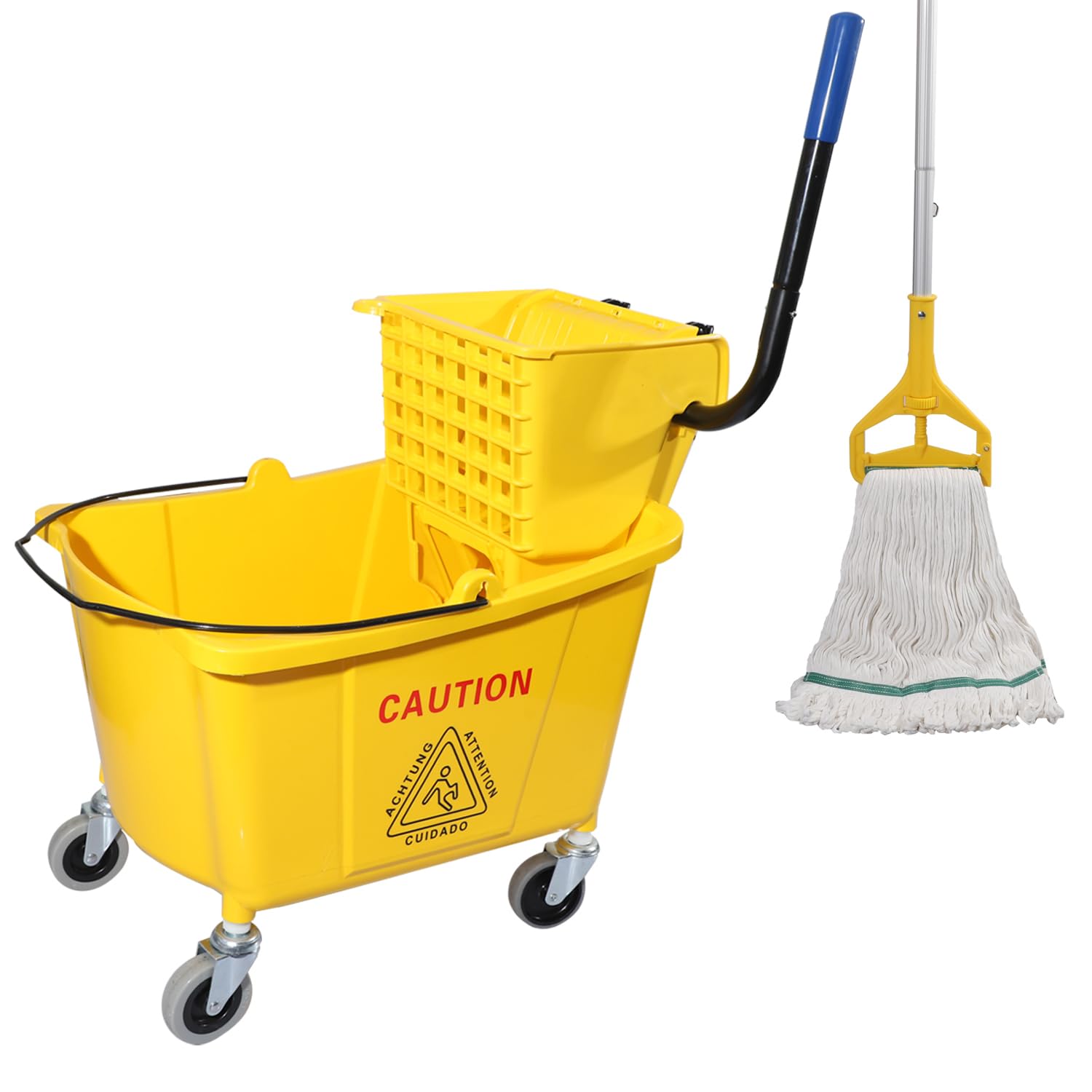 Midoneat Commercial Mop Bucket with Side Press Wringer on Wheels, 35Qt,Yellow Including One Commercial Mop