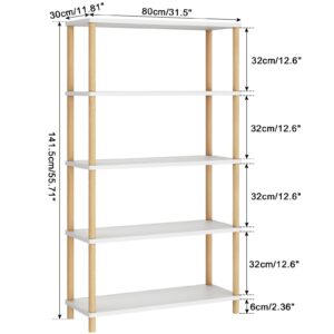 IBUYKE 5-Tier Wooden Open Bookcase - Modern Freestanding Bookshelf Storage Organizer,Standing Shelf Units,Multifunctional Display Stand for Bedroom, Living Room & Home Office,White WBC005W