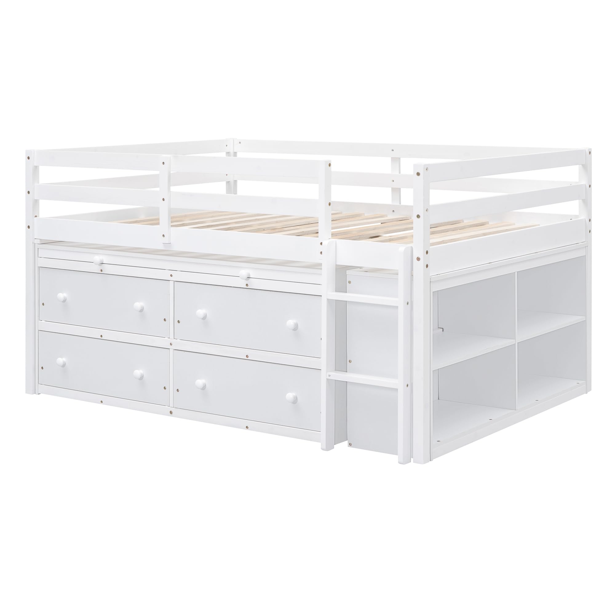 Full Size Low Loft Bed with Rolling Portable Desk, Full Bed Frame For Kids With Storage Cabinet, Drawers and Shelves, Multiple Functions Wood Loft Bed Frame for Girls Boys, Space Saving, White