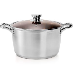 zeayea 6 quart stainless steel stockpot, cooking pot with glass lid, soup pasta pot with double heatproof handles for stew, sauce and reheat food, dishwasher safe