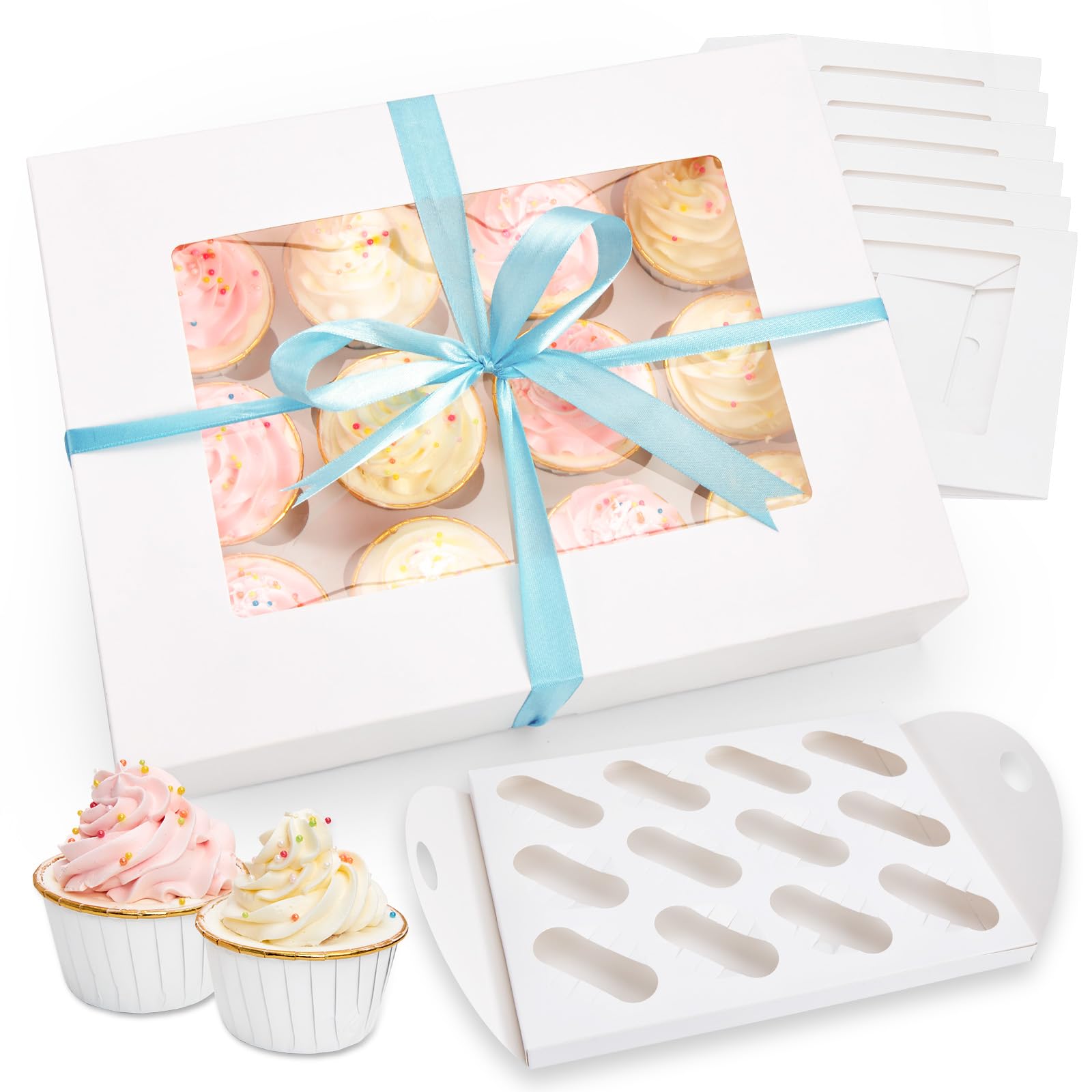 Ohuhu Cupcake Boxes, Upgraded Thicken 6 Pack 12 Count Cupcake Container - Food Grade Cupcake Carrier with Handle Tray Window and Inserts to Hold 72 Pastry Muffin Box for Birthday Holiday Party Bakery