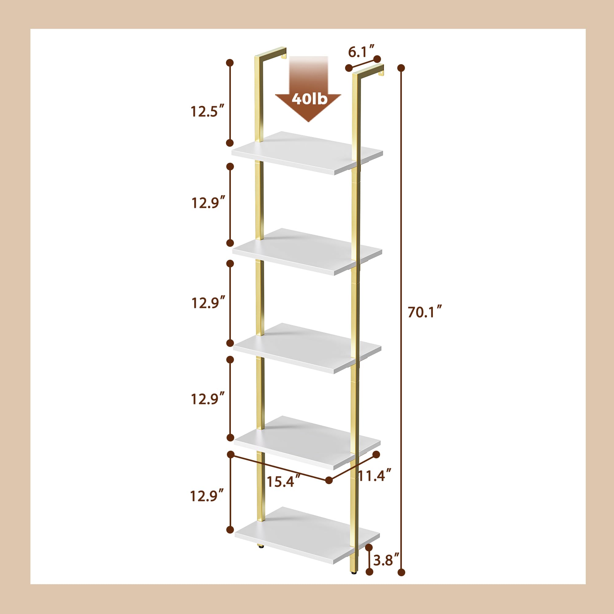 SUPERJARE 5-Tier Bookshelf, Narrow Book Shelf Set of 2, Open Wall-Mounted Ladder Shelf with Metal Frame, Display Bookcase for Home Office, Bedroom, White & Gold