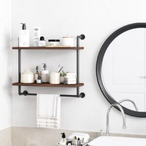 Fixwal 2 Tier Over The Toilet Storage, 24in Bathroom Shelves Wall Mounted, Rustic Wood Industrial Pipe Shelf, Floating Shelf for Bathroom, Living Room, Kitchen, Bedroom (Dark Carbonized Black)