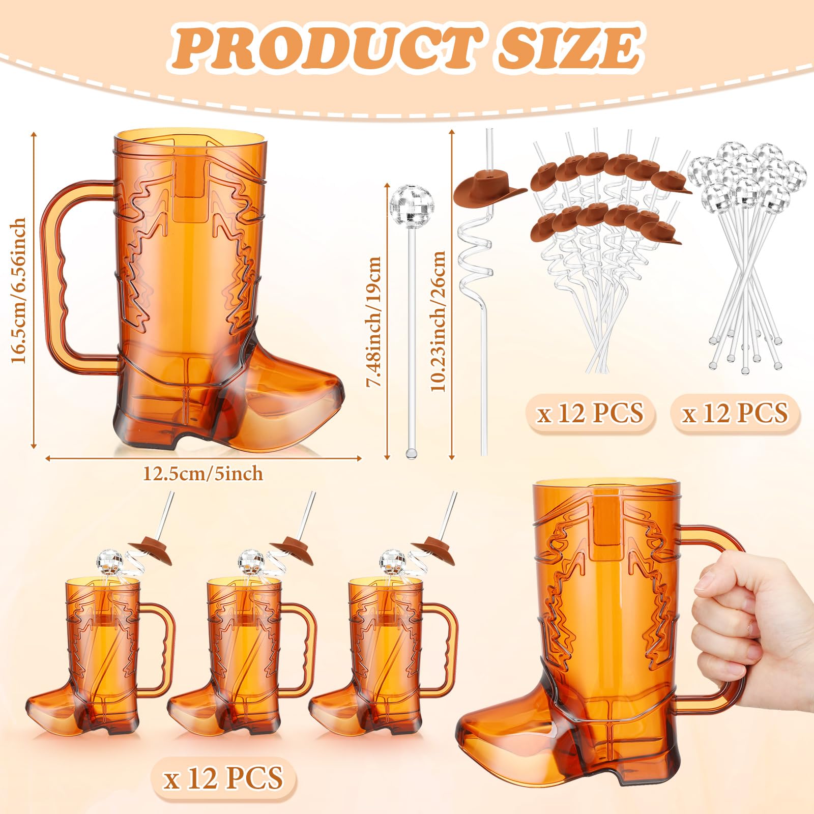 Ziliny 36 Sets 17 oz Cowgirl Boot Mug Cups including 12 Cowgirl Drink Mugs 12 Cowgirl Hat Straws 12 Mirror Disco Ball Stirrers for Western Theme Bachelorette Birthday Party Favors (Brown)