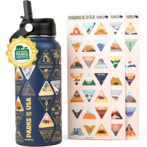 Wondery Original National Parks of the USA Bucket List Travel Water Bottle with Waterproof Stickers and Straw | Ocean 32 oz Screen Printed | Insulated Stainless Steel Vacuum Sealed | Leak Proof