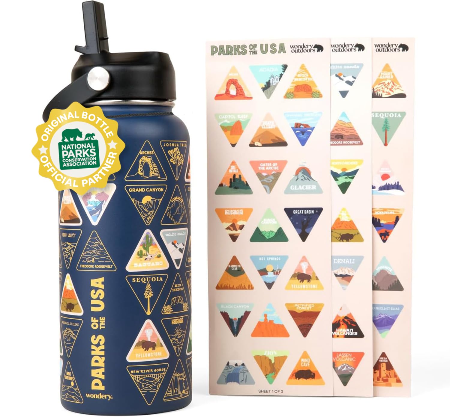 Wondery Original National Parks of the USA Bucket List Travel Water Bottle with Waterproof Stickers and Straw | Ocean 32 oz Screen Printed | Insulated Stainless Steel Vacuum Sealed | Leak Proof