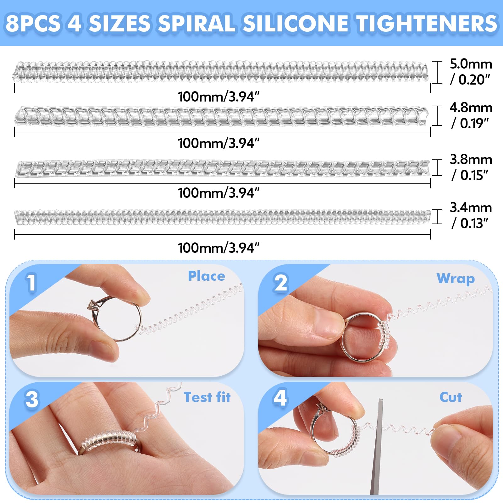 Anpro Ring Size Adjuster for Loose Rings- 118 Pcs Ring Size Adjusters Set Includes 16 Plug-in Invisible Ring Adjuster, 8 Spiral Silicone Tightener, EVA Invisible Sticker,Ring Size Measuring Tool