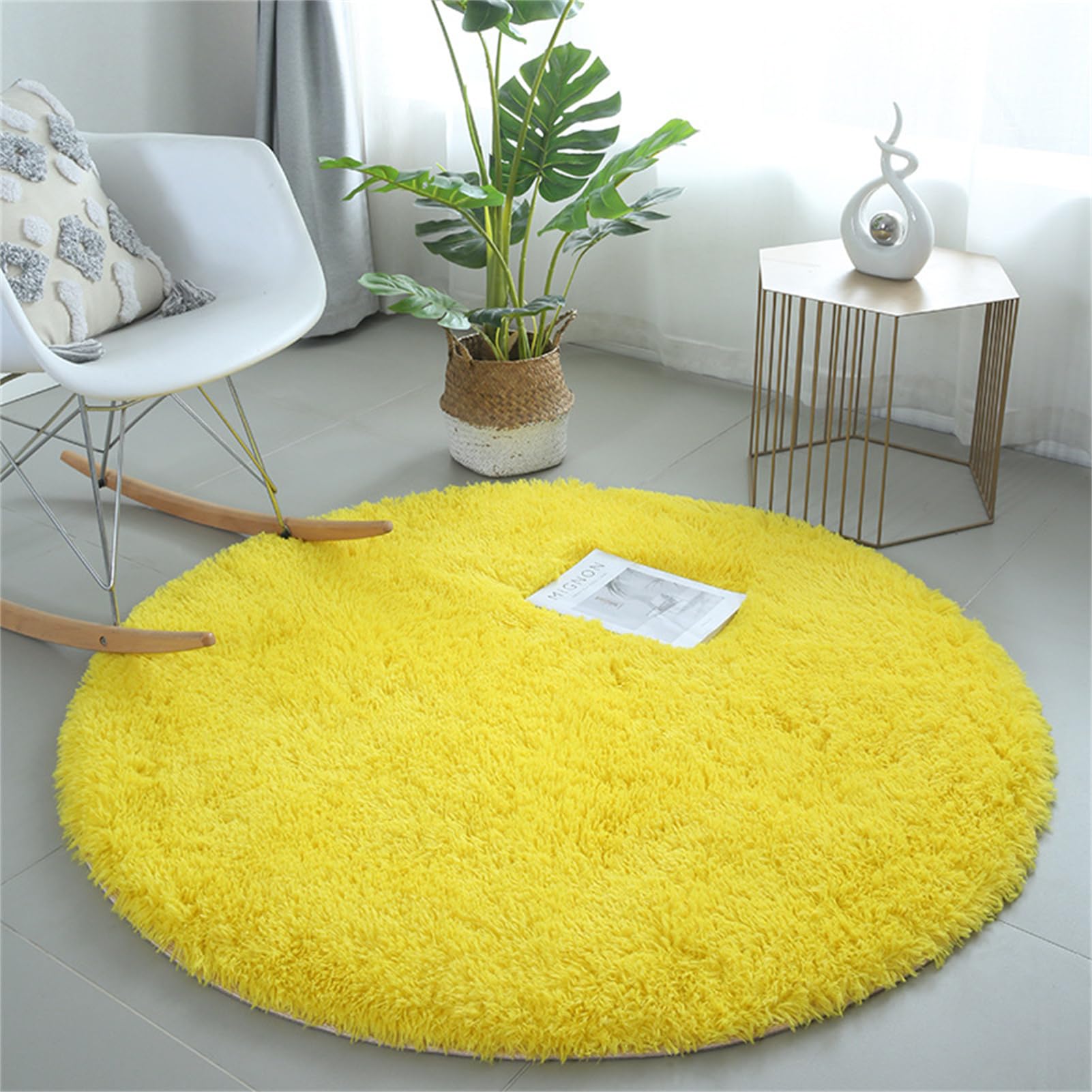 SK Studio Round Area Rugs for Bedroom Soft Fluffy Shaggy Circle Rugs Non-Slip Large Carpet for Living Room Dorm Kids Room Nursery Room Yellow, 47x47 Inch