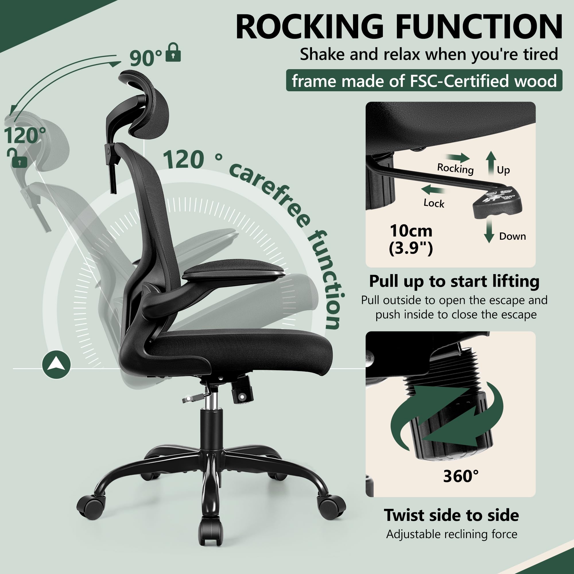 FelixKing Office Chair Ergonomic Desk Chair with Headrest, High Back Computer Chair with Adjustable Lumbar Support and Wheels,Executive Swivel Comfy Chair with flip-up Armrests for Home Office