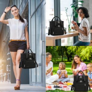 MAPLELILY Lunch Box for Men Women - Double Deck Insulated Lunch Bag, Large Leak Proof Tote Cooler, Wide Open Dual Compartment Lunch Bags with Shoulder Strap, For Work Picnic Hiking Beach, Black