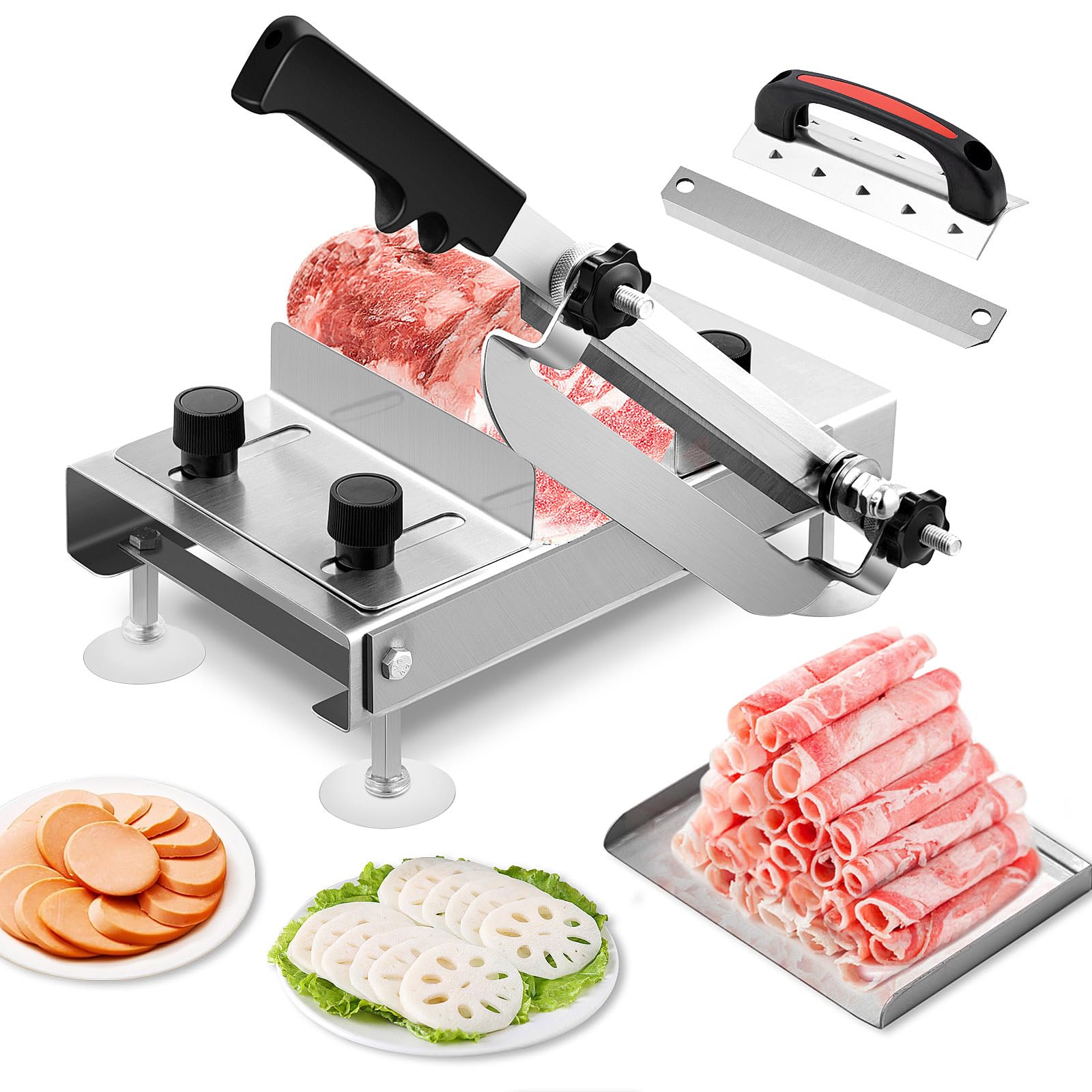 Manual Frozen Meat Slicer, LMYYGOO Stainless Steel Hand Thin Meat Cutter Slicer for home Hot Pot, Korean BBQ, Beef Mutton Rolls, Vegetable Fruit Slicing (includes a spare sharp blade & a plate)