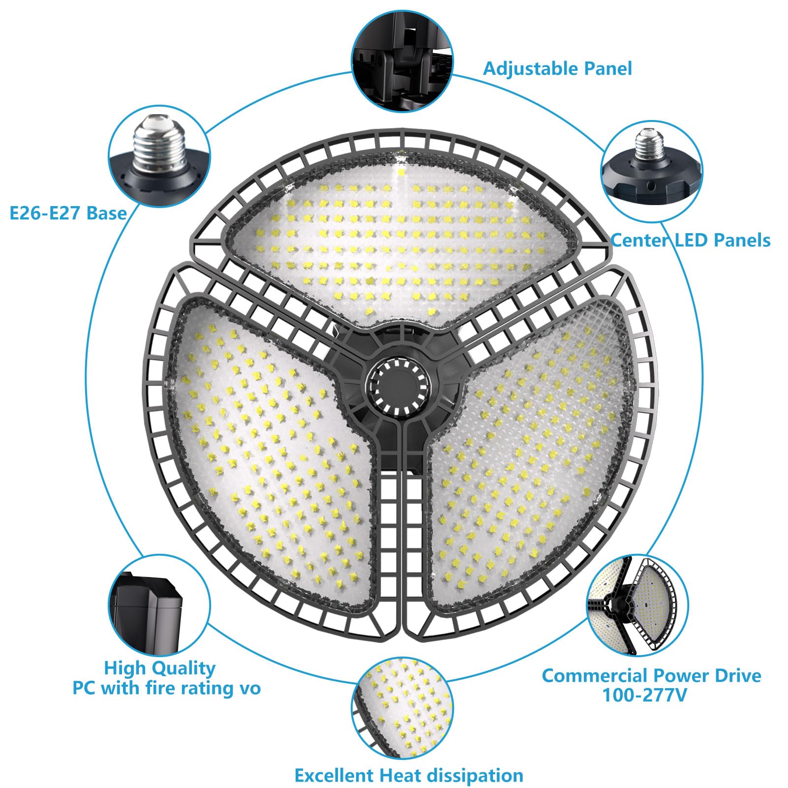 Lightdot E26 LED Garage Low Bay Lights, Large Area Global Lighting, Deformable 3 Panels 100W 18000LM E26/E27 Triple Glow, 5000K LED High Bay Shop Light for Basement Workshop Warehouse-2PACK