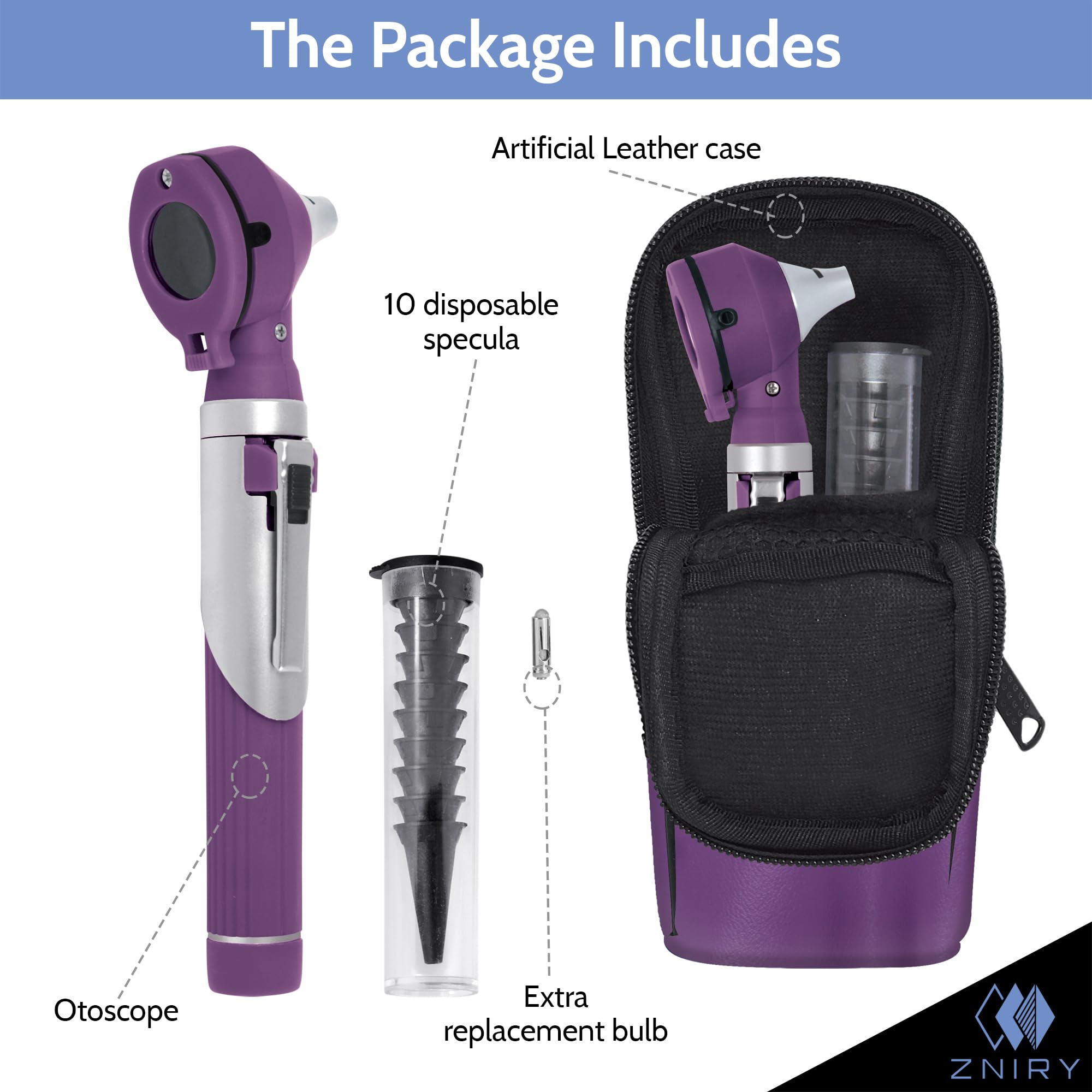 Zniry Fiber Optic Mini Otoscope - Ear Scope with Light, Ear Infection Detector (Purple Color) Reguler