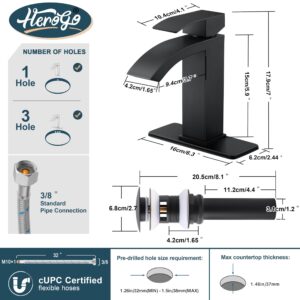 Bathroom Sink Faucet, Herogo Matte Black Waterfall Stainless Steel Sink Faucet with Pop-up Drain, Single Handle Bathroom Faucet with Deck Plate for 1 or 3 Hole RV Bathroom Vanity Lavatory Sinks