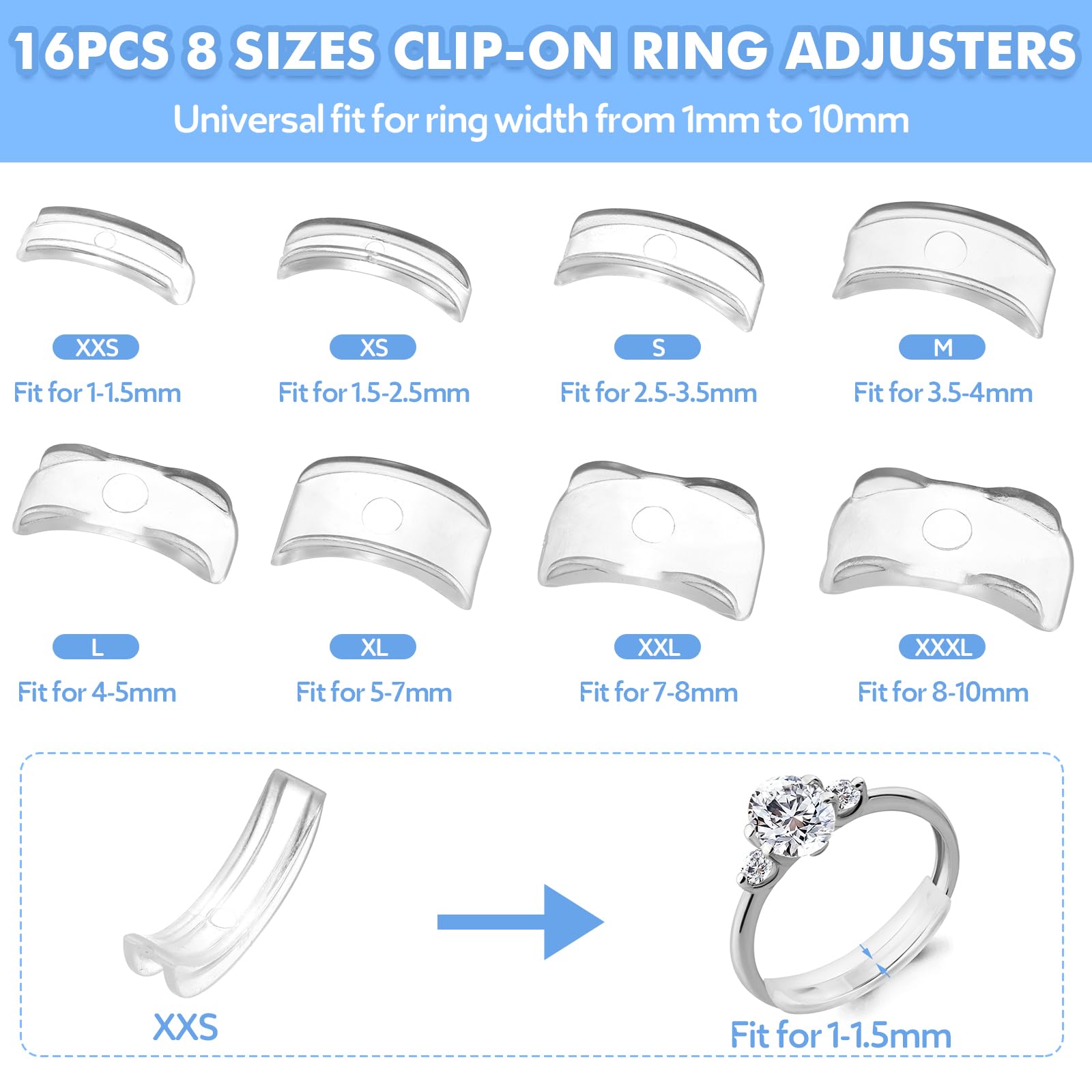 Anpro Ring Size Adjuster for Loose Rings- 118 Pcs Ring Size Adjusters Set Includes 16 Plug-in Invisible Ring Adjuster, 8 Spiral Silicone Tightener, EVA Invisible Sticker,Ring Size Measuring Tool