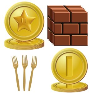 80pcs mario bros birthday party supplies tableware kit for 20 guests gold birthday party decorations mario bros theme party table supplies pack includes plates,napkins, plastic forks