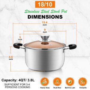 Joyfair 4Qt Stockpot, 18/10 Stainless Steel Stock Pot with Visible Lid, Heavy Duty Cookware For Home Kitchen and Restaurant Cooking Spaghetti/Boiling Soup/Stewing Beef, Rust-free & Dishwasher Safe