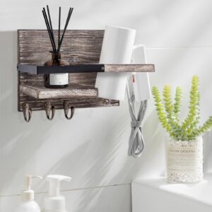 Farmhouse Bathroom Wall Mount Hair Dryer Holder with 3 Hooks for Towel or Headband, Small Wood Makeup, Toiletries Organizer Shelves, Rustic Wooden Beauty Hair Appliance Holder for Bathroom Supplies