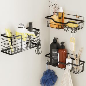 fixwal 3-pack shower caddy bathroom storage rack with soap holder, anti-rust strong adhesive storage rack no drilling required, for interior shower home kitchen storage rack (black)