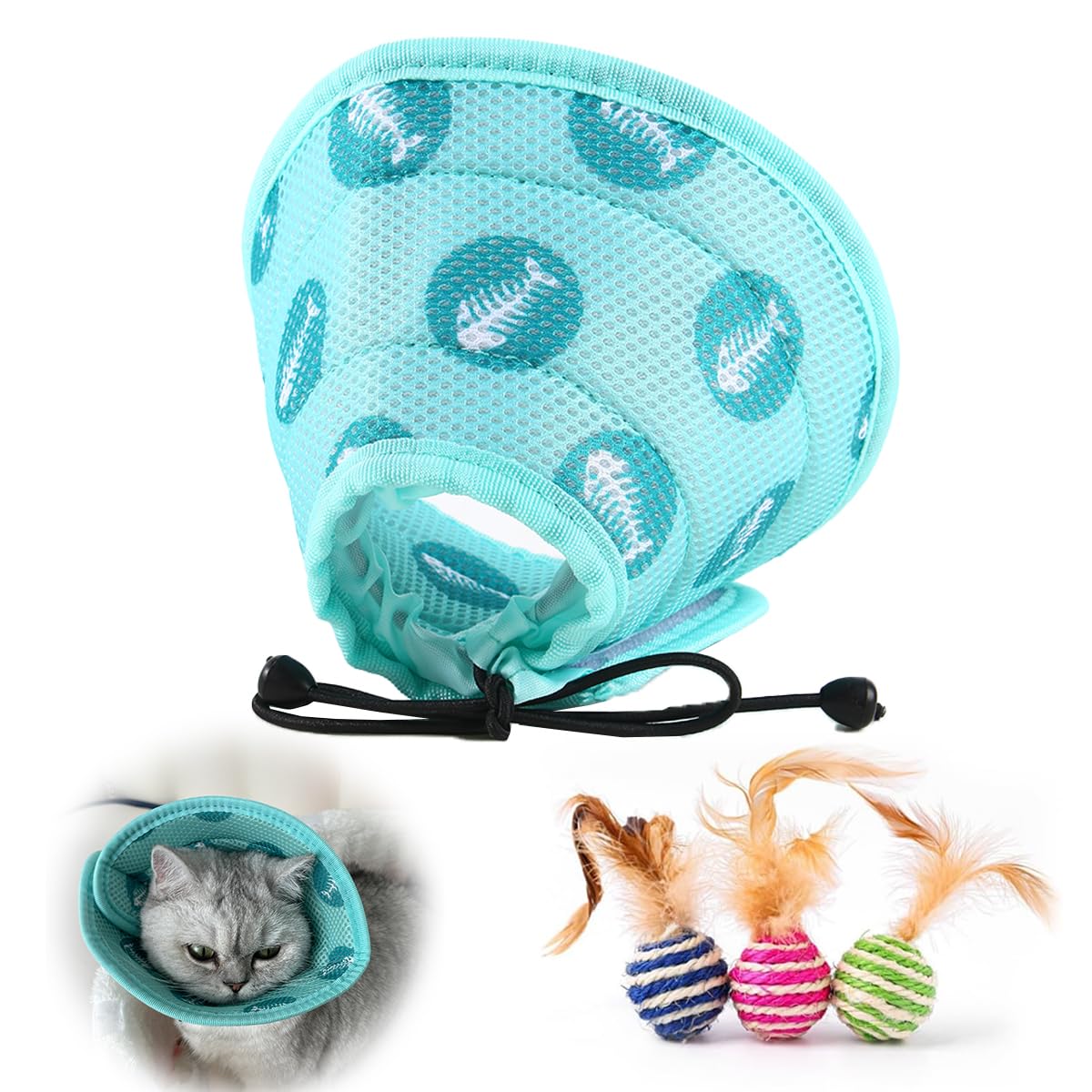 Fluffyland Cat Cone Collar Soft to Stop Licking and Scratching Adjustable Kitten Cone with Cat Toy Balls - Cat Recovery Collar for Small Large Cats After Surgery and Daily Wear (Green，S)