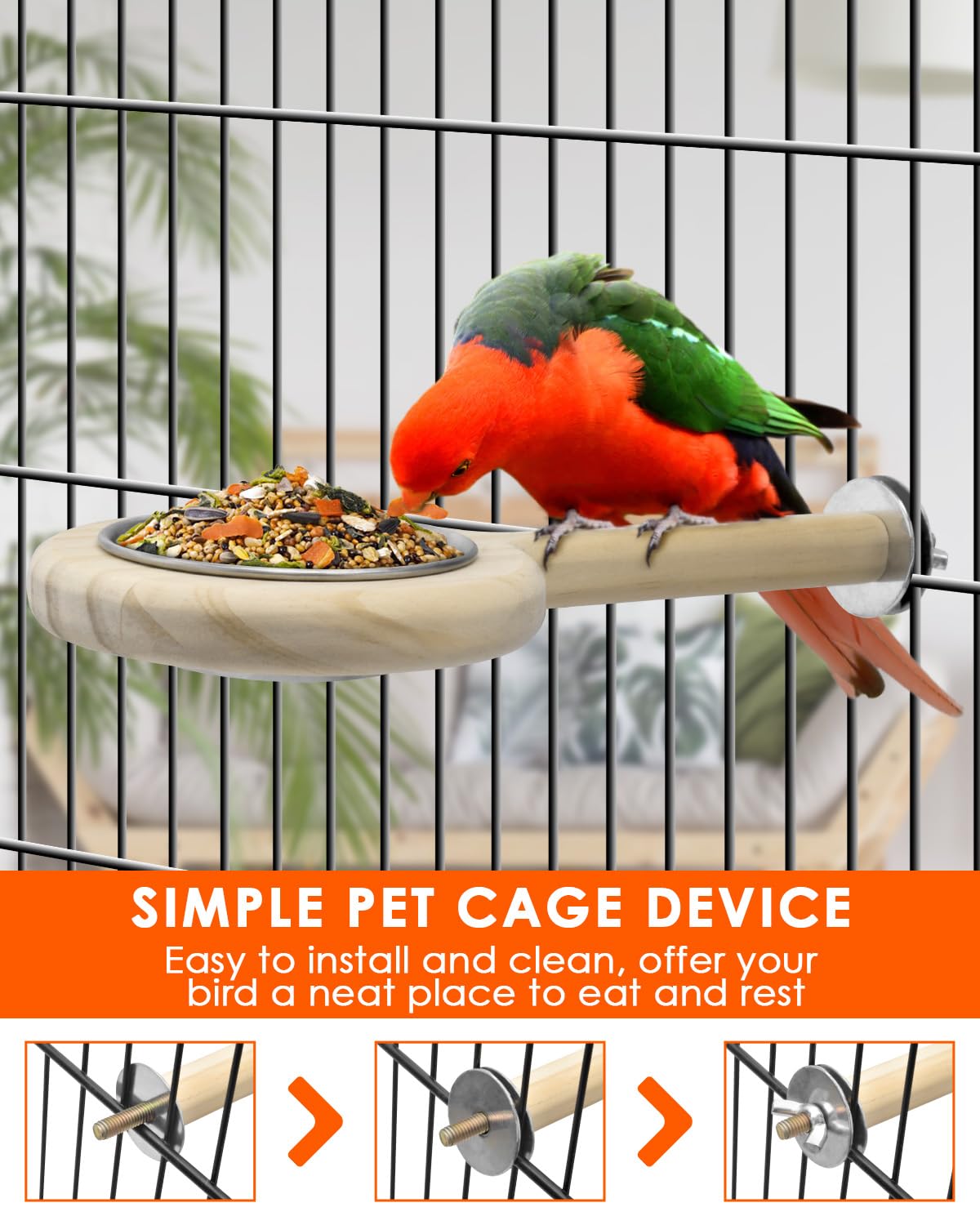 KATUMO Bird Perch Bird Feeding Cup Parrot Wood Perch Stand Toy Bird Cage Accessory for Parakeet Lovebird Conure Budgie Canary Finch Small Parrots