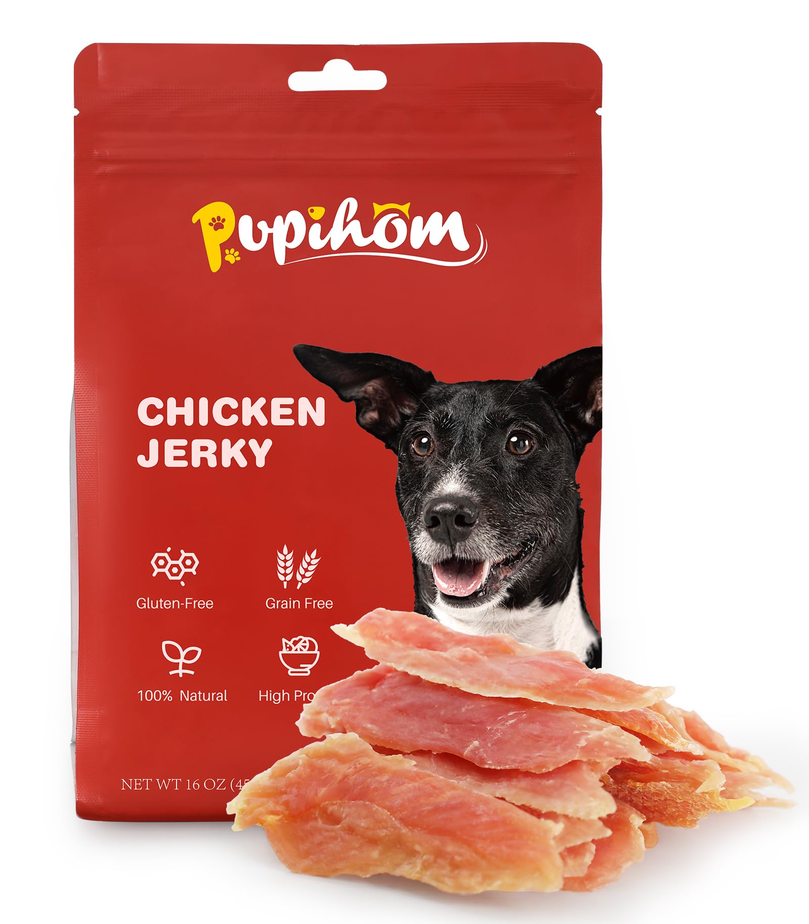 PUPIHOM Chicken Jerky Dog Treats for Dogs 16 OZ 1LBS, Rawhide-Free, Made with Real Breast, Long-Lasting Treats, Dog Training Reward Snacks Dog Chewy Treats