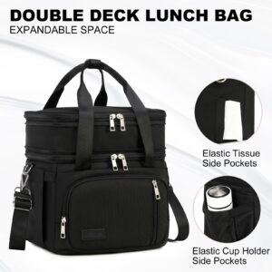 MAPLELILY Lunch Box for Men Women - Double Deck Insulated Lunch Bag, Large Leak Proof Tote Cooler, Wide Open Dual Compartment Lunch Bags with Shoulder Strap, For Work Picnic Hiking Beach, Black