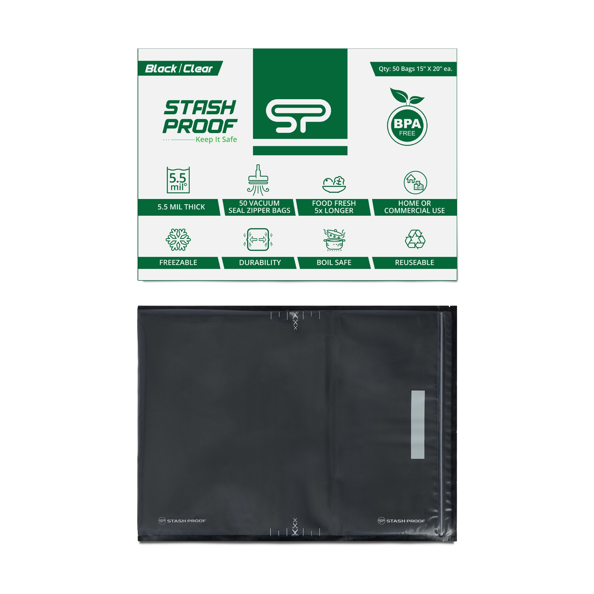 Stash Proof Resealable Zipper Vacuum Seal Bags 15" x 20" (50 Count) 5.5 Mil (Black and Clear) - BPA Free Commerical Grade Food Saver for Storage, Sous Vide, and Meal Prep Sealer Bag