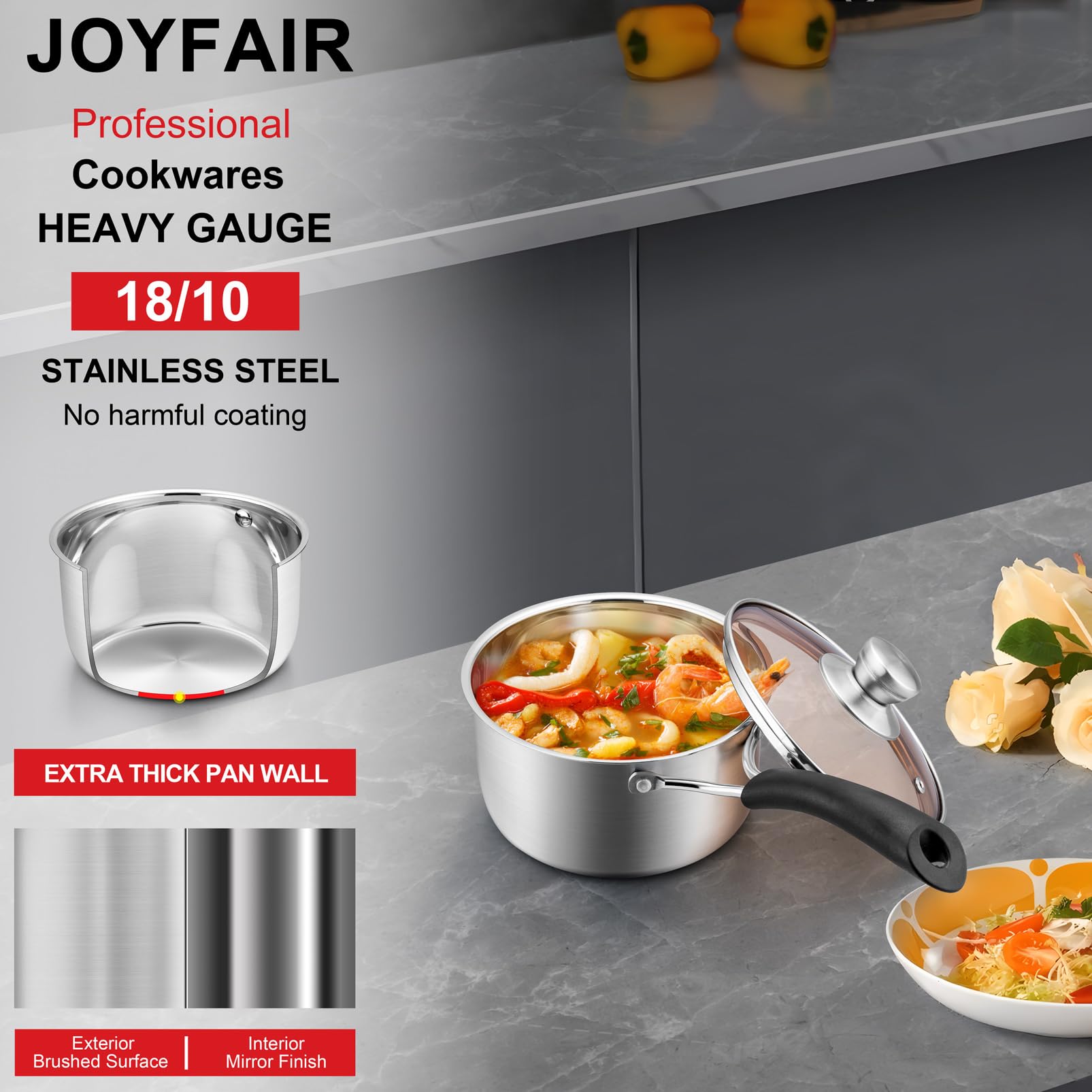 1 Quart 18/10 Stainless Steel Saucepan, Joyfair Small Sauce Pot with Lid for Multipurpose, Cooking Spaghetti, Warming Milk, Boiling Soup, Extra Pan Wall & Heat-proof Bakelite Handle, Dishwasher Safe