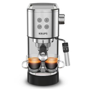 krups: divine stainless steel espresso machine with tamper 2 cups at once, cup warmer, espresso machine with milk frother, easy to eject grounds, 1350 watts, cappuccino, latte, americano, silver