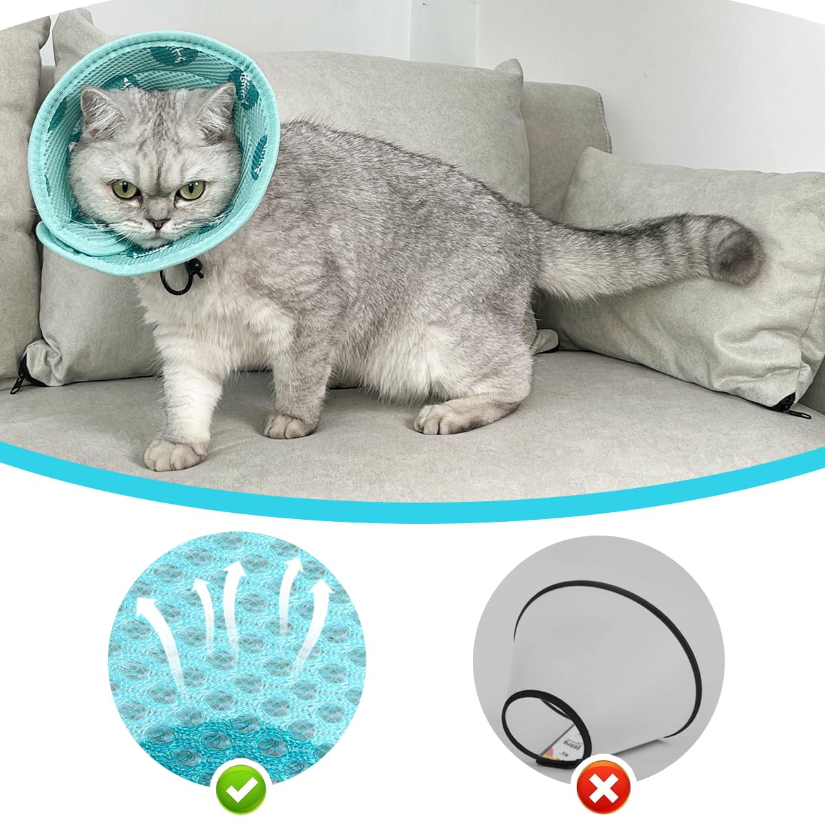 Fluffyland Cat Cone Collar Soft to Stop Licking and Scratching Adjustable Kitten Cone with Cat Toy Balls - Cat Recovery Collar for Small Large Cats After Surgery and Daily Wear (Green，S)