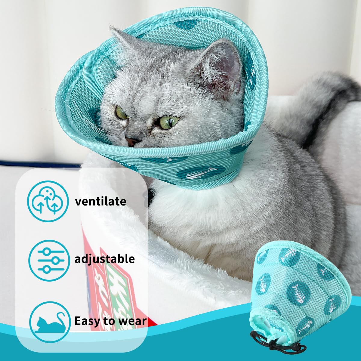 Fluffyland Cat Cone Collar Soft to Stop Licking and Scratching Adjustable Kitten Cone with Cat Toy Balls - Cat Recovery Collar for Small Large Cats After Surgery and Daily Wear (Green，S)