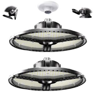 lightdot e26 led garage low bay lights, large area global lighting, deformable 3 panels 100w 18000lm e26/e27 triple glow, 5000k led high bay shop light for basement workshop warehouse-2pack