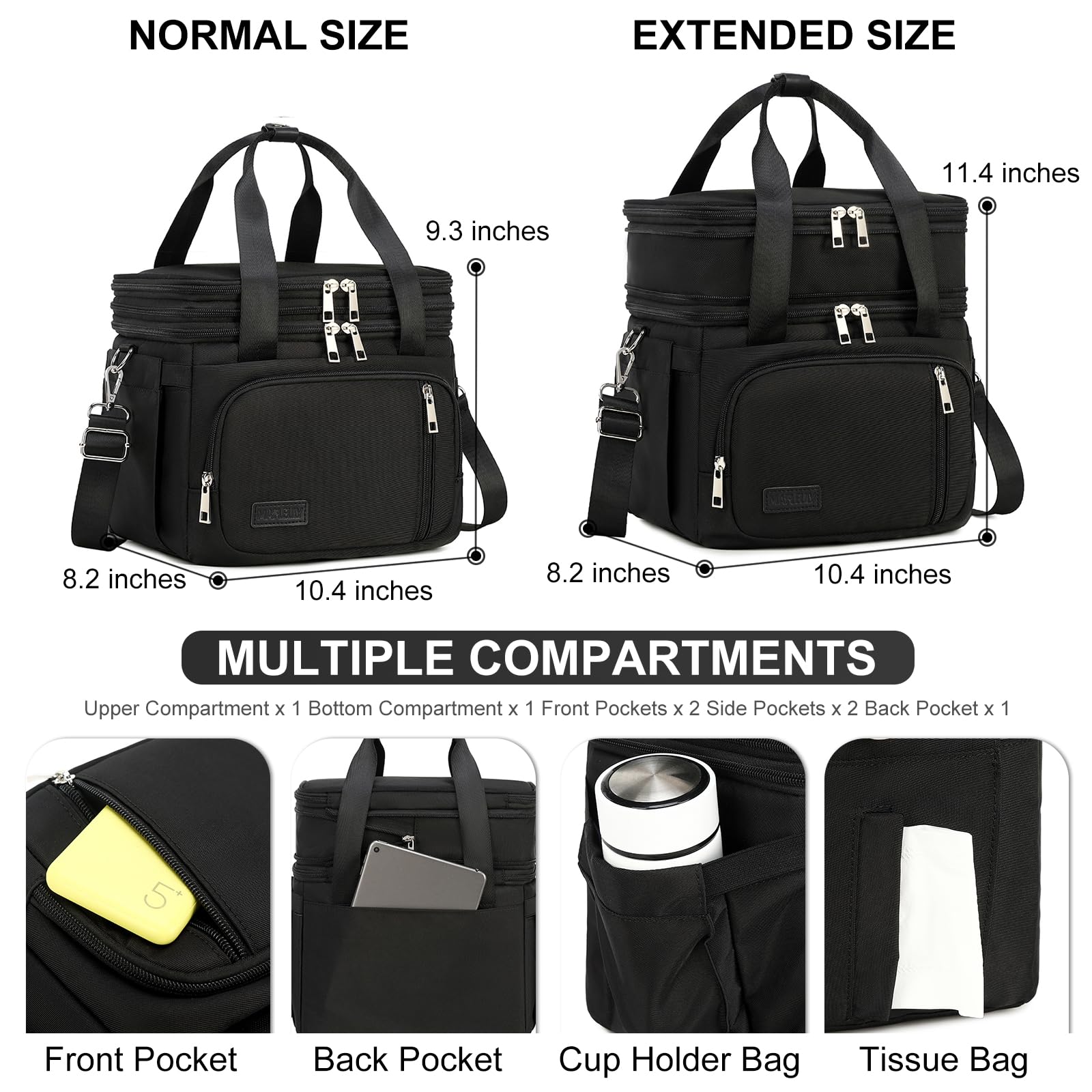 MAPLELILY Lunch Box for Men Women - Double Deck Insulated Lunch Bag, Large Leak Proof Tote Cooler, Wide Open Dual Compartment Lunch Bags with Shoulder Strap, For Work Picnic Hiking Beach, Black