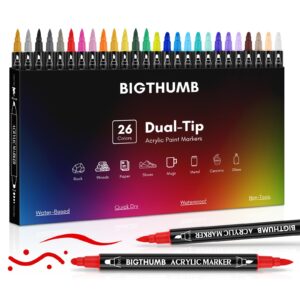 bigthumb 26 colors acrylic paint pens, dual tip acrylic paint markers with brush tip and dot tip, paint markers for painting rock, wood, canvas