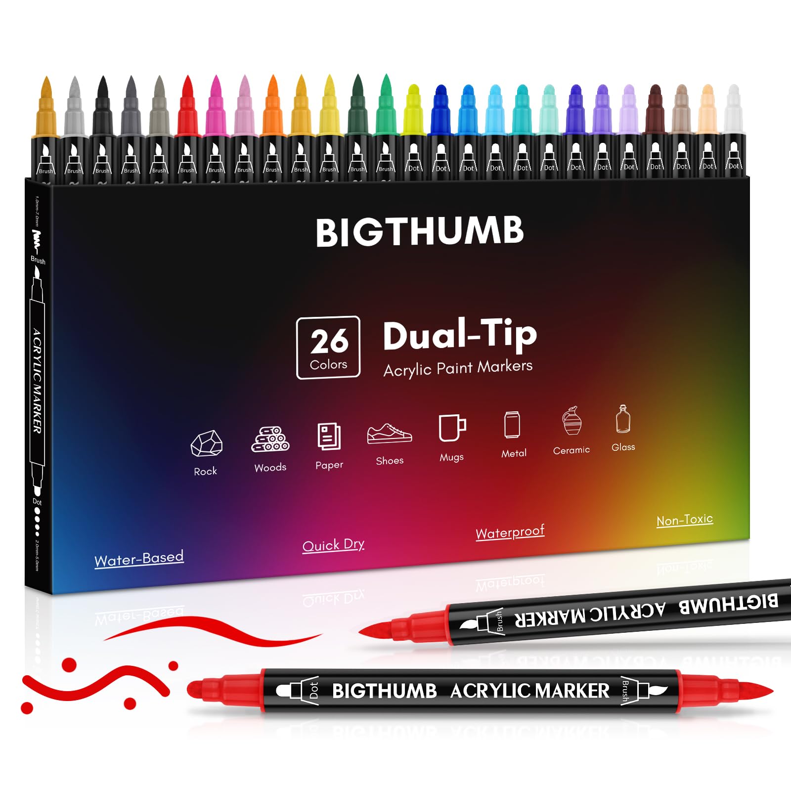 BIGTHUMB 26 Colors Acrylic Paint Pens, Dual Tip Acrylic Paint Markers with Brush Tip and Dot Tip, Paint Markers for Painting Rock, Wood, Canvas