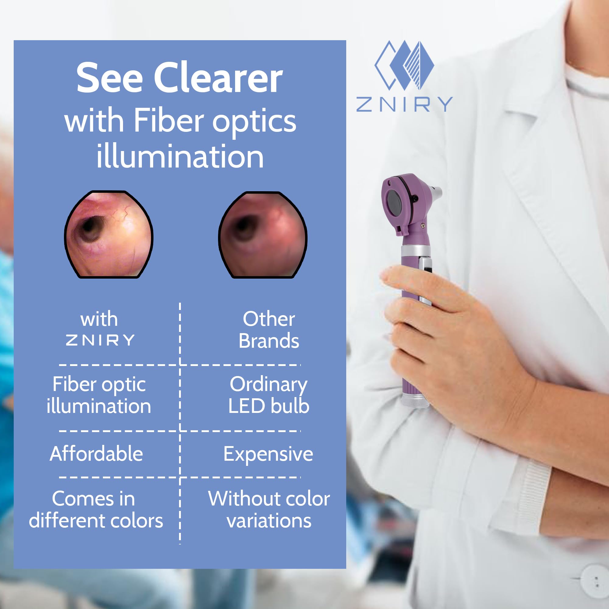 Zniry Fiber Optic Mini Otoscope - Ear Scope with Light, Ear Infection Detector (Purple Color)