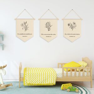 VitalCozy 3 Pcs Nursery Scripture Bible Verse Christian Botanical Decor Canvas Hanging Pennant Flag Banner Floral Wall Signs for Bedroom Playroom Front Door Kids Baby Boy Girl Birthday Christmas Gift