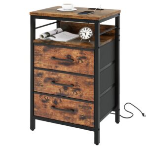 ibuyke nightstand with charging station,side table with fabric drawers, bedside table with usb ports and outlets, end table for bedroom, living room, rustic brown utns001h